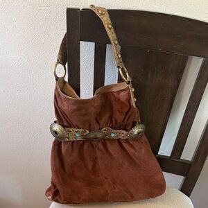 Kathy Van Zeeland Y2K Western Faux Suede Bucket Shoulder Bag Purse Brown Medium